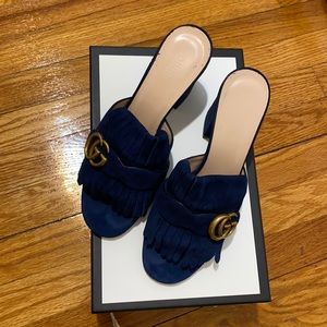 Gucci Suede GG Marmont Fringe Mid Heel Slide Sandals
